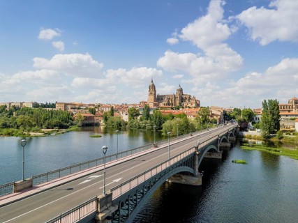 Cityscape of Salamanca with bridge over Tormes river and cathedral