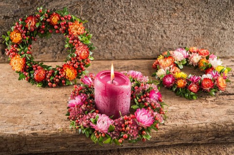 Three small autumn wreaths on wooden plate bonded with rosehip (Rosa canina)