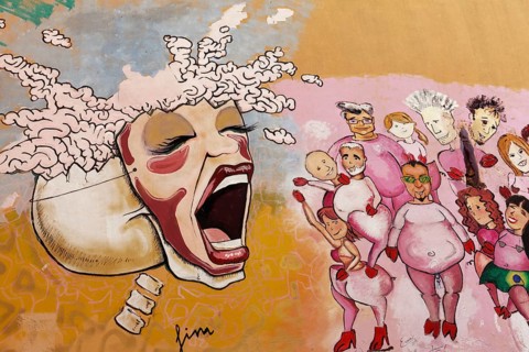 Skull with mask tied on female screams at a group of people