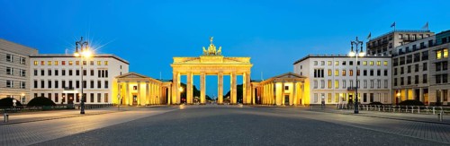 Pariser Platz with illuminated Brandenburg Gate at dawn