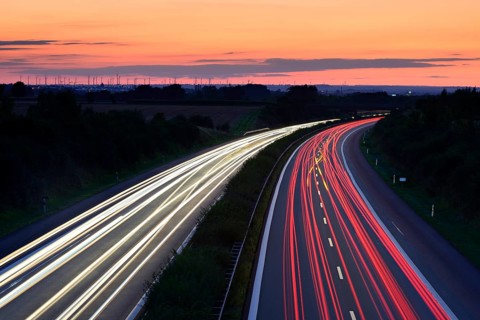 Light tracks on the A14 motorway at dusk