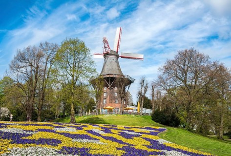 Windmill with colorful flowerbeds
