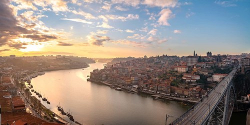 View over Porto with river Rio Douro and bridge Ponte Dom Luis I