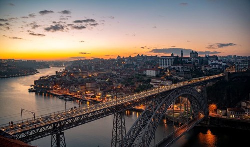 View over Porto with river Rio Douro and bridge Ponte Dom Luis I