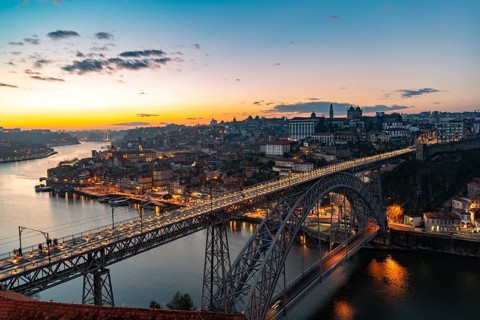 View over Porto with river Rio Douro and bridge Ponte Dom Luis I