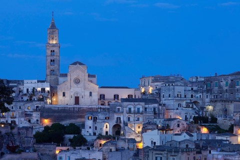 Sasso Barisano old town with cathedral at dusk