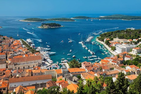 Overview of Old Town with harbour and Pakleni Islands