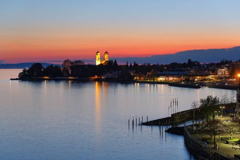 View from Moleturm tower to Castle Church in Friedrichshafen at Lake Constance