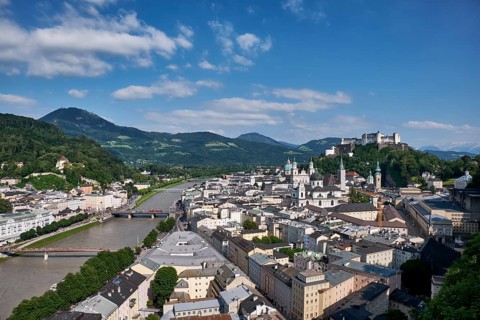 View from the Monchsberg to the old town with the river Salzach and Hohensalzburg Castle
