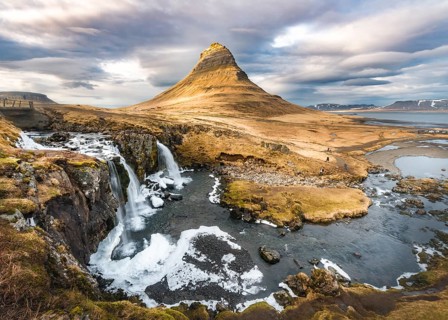 Mount Kirkjufell with Kirkjufellsfoss Waterfall