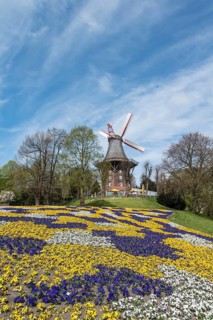 Colorful flowerbeds with windmill and ramparts