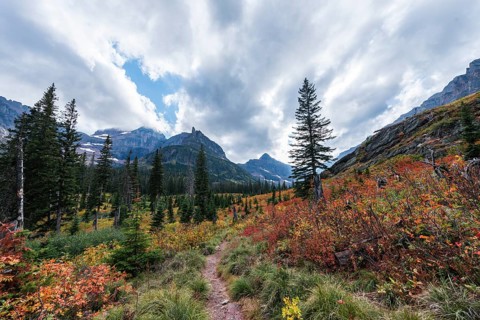 Hiking trail through mountain landscape in autumn to Upper Two Medicine Lake