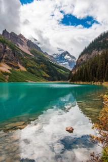 View of Mount Victoria and turquoise mountain lake