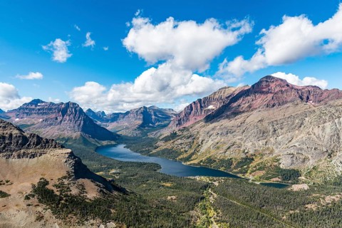 View from Continental Divide Trail onto Mountain Lake Two Medicine Lake with mountain landscape
