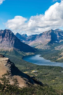 View from Continental Divide Trail onto Mountain Lake Two Medicine Lake with mountain landscape