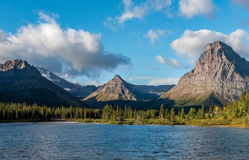 Mountain lake Two Medicine Lake in mountain landscape