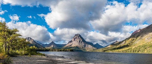 Mountain lake Two Medicine Lake in mountain landscape