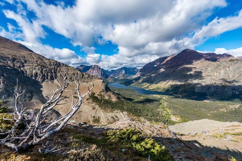 View from Continental Divide Trail onto Mountain Lake Two Medicine Lake with mountain landscape