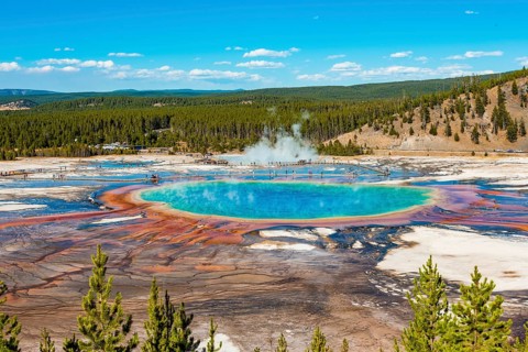 Visitors on footbridge over steaming hot spring with coloured mineral deposits