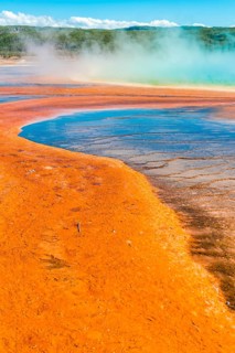 Colored mineral deposits at the edge of the steaming hot spring