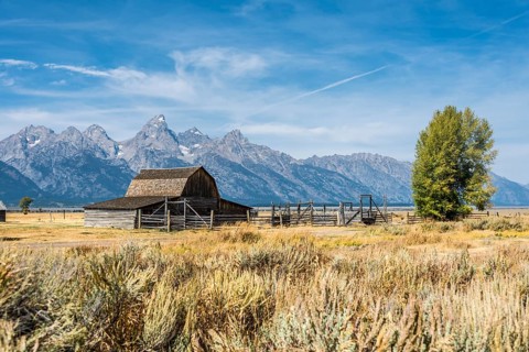 Historic old barn in front of the Teton Range