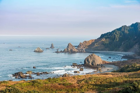 Coastal landscape with many rugged rock islands