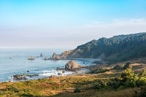 Coastal landscape with many rugged rock islands