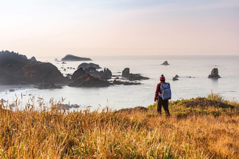 Female hiker looking out for coastal scenery with many rugged rocky islands