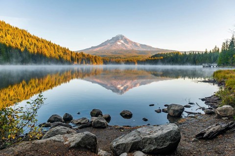 Reflection of the volcano Mt. Hood in Lake Trillium Lake