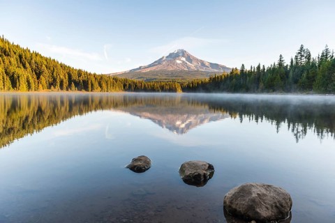 Reflection of the volcano Mt. Hood in Lake Trillium Lake