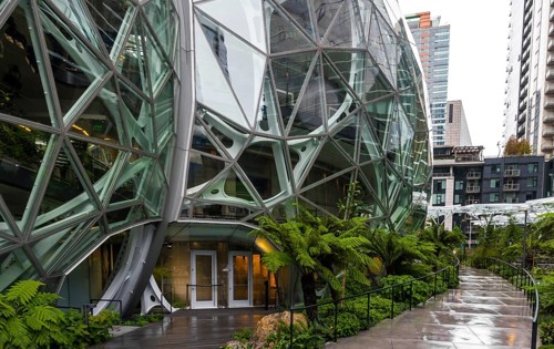 Modern office building of Amazon with a garden