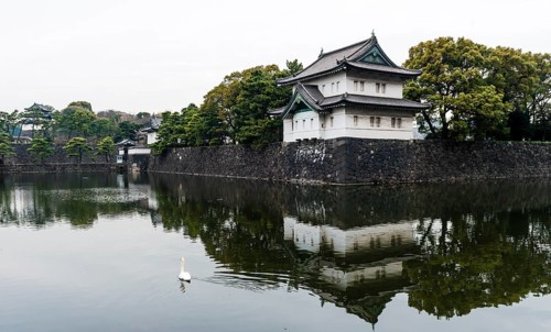 Kikyo-mon gate and watchtower behind moat