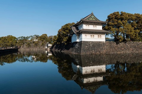 Watchtower at Kikyo-mon Gate behind moat
