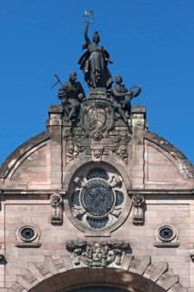 Ornametal gable from the Opera House with coat of arms of Nuremberg and sculptures
