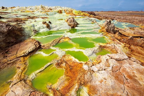 Geothermal area with sulphur deposits and acidic salt lakes