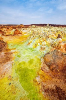 Geothermal area with sulphur deposits and acidic salt lakes