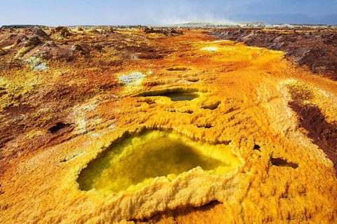Geothermal area with sulphur deposits and acidic salt lakes