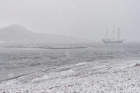 Barkentine Antigua in the snow drift