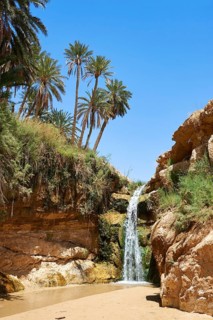Waterfall amongst the date palms of the oasis of Mides