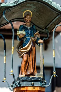 Carved wooden statue of Saint Joseph of Nazareth with plane and machinist square