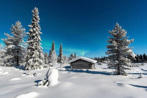 Northern Lights (Aurora Borealis) with starry sky over snow-covered hut in winter landscape