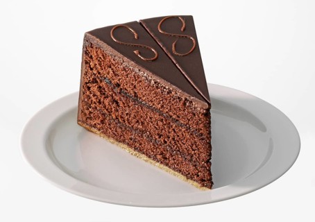 Slice of Sachertorte on white plate