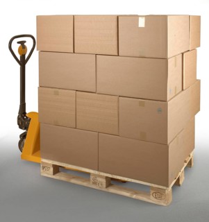Euro pallet with cartons stands on pallet truck