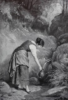 Young woman scooping Easter water at the fountain