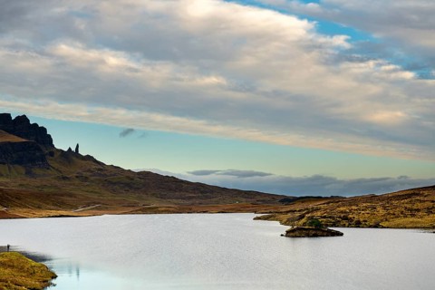 Rock Old Man of Storr with Loch Leathan in the foreground