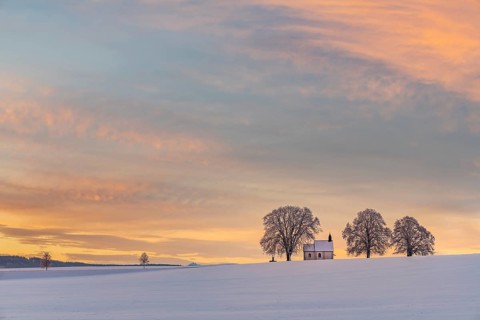 Chapel 14 emergency helpers with old trees in snow-covered landscape at sunrise