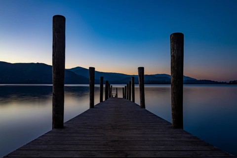Lake Derwentwater with jetty at sunset