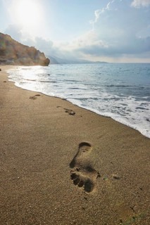Footsteps in the wet sand at shore
