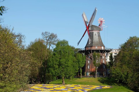 Windmill Herdentorswallmuhle in ramparts in spring