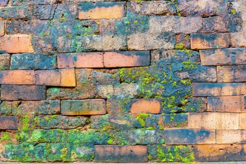 Old weathered brick wall with moss